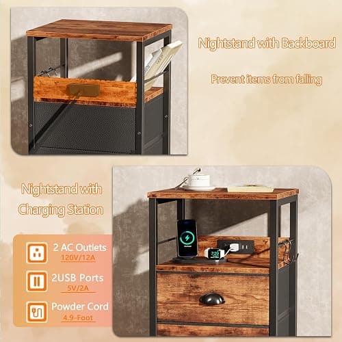 Furologee End Table with Charging Station, Nightstand with Fabric Drawers, Side Table with USB Ports & Outlets, Night Stand with Storage Shelf & Hooks, for Living Room/Bedroom, Rustic Brown thumbnail 5