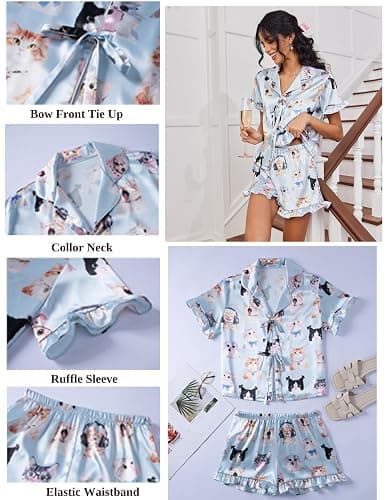 Ekouaer Satin Pajama for Women Short Sleeve Silky Pj Short Sets Lounge Set | Bow Front Tie Up Loungewear Soft Sleepwear Bridal Getting Ready Outfit Top and Shorts for Daliy, Wedding, Party thumbnail 7