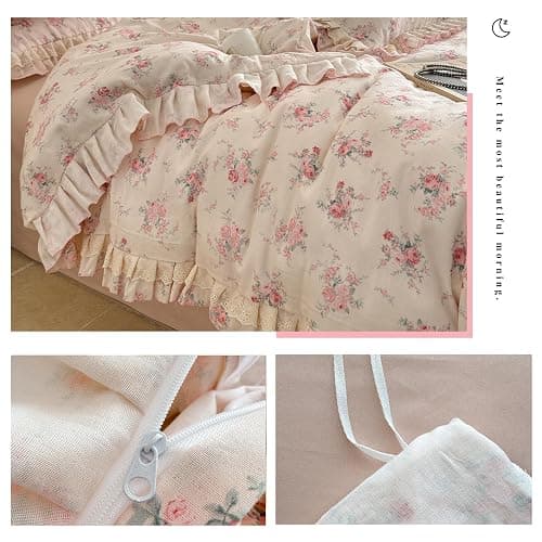 VM VOUGEMARKET Pink Rose Flower Duvet Cover Set Queen Romantic Lace Ruffled Bedding Set Soft Muslin Cotton,Breathable Linen Like Gauze Comforter Cover with Zipper Closure 90"x90" thumbnail 5