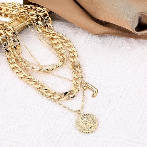 MJartoria Gold Layered Necklaces for Women Trendy Balloon Initial Pendant Necklace Dainty Chunky Chain Choker Necklaces Jewelry Birthday Gifts - Gold - J thumbnail 4