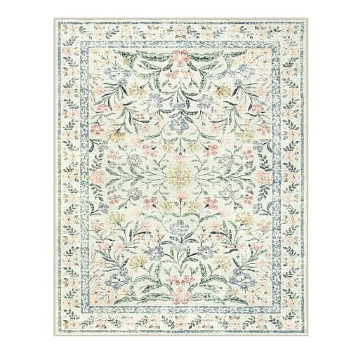 Lahome Boho Rugs for Living Room, Washable Large 8 x 10 Area Rugs for Bedroom Non Slip, Soft Ultra-Thin Distressed Floral Throw Carpet for Office Dining Room, Cream/Multi thumbnail 10