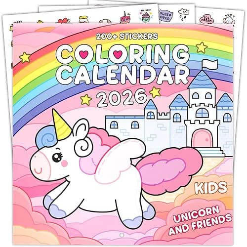 Kids Calendar 2025-2026 with 200+ Cute Stickers - Unicorn Coloring Calendar for Kids - 15 Month Wall Calendar with Fun Illustrated Pages to Color - Extra Pages & Activities for Home, Classroom & Learning - Image 1