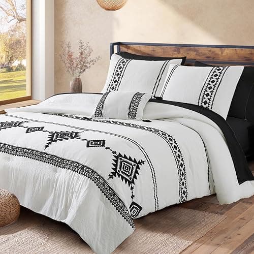 MaiRêve Embroidery Comforter Set Queen Size - 7 Piece, White Boho Western Bedding All Season Bed in A Bag, Farmhouse Queen Comforter Set with Sheets, Pillowcases & Shams - Image 1