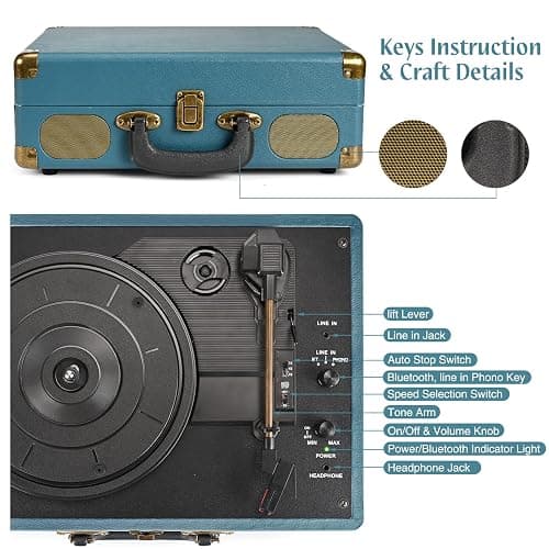 Retrolife® Record Player 3-Speed Bluetooth Portable Turntable-Coral Blue | Belt-Driven with Built-in Speakers, Wireless Bluetooth Input, RCA Out AUX In Headphone Jack, Auto-Stop, Gift for Music Lovers thumbnail 4