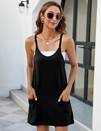 Yidarer Womens Summer Athletic Mini Dress Sleeveless Spaghetti Strap Built-in Shorts Scoop Neck Sundress with Pockets thumbnail 3