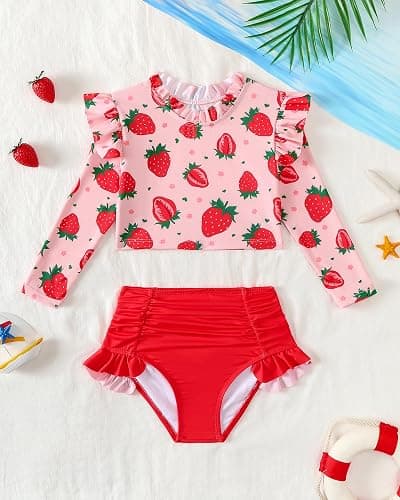 Mioglrie Toddler Girls Swimsuit Little Girls Long Sleeve Two Piece Ruffle Rash Guard Bathing Suit Kid Swimwear 2-6 Years thumbnail 2
