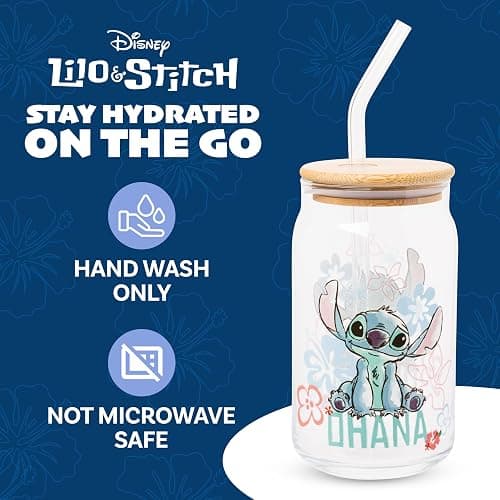 Silver Buffalo Disney Lilo and Stitch Ohana Floral Glass Jar Tumbler with Bamboo Lid and Glass Straw, 16 Ounces thumbnail 4