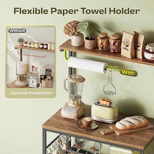 Huuger 4-Tier Bakers Rack with Reversible Power Outlet, 23.6 Inch Microwave Stand, Kitchen Coffee Bar, with Top Shelf, 6 S Hooks, Rustic Brown thumbnail 5