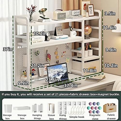 Desktop Bookshelf, Multi-Size pegboard Storage and Organization Rack, Dorm Desk Shelf, White Desk Hutch, Desktop Storage for Office, Study, Student Storage and Display Rack (37.4" Lx9.9 Wx37 H) thumbnail 2