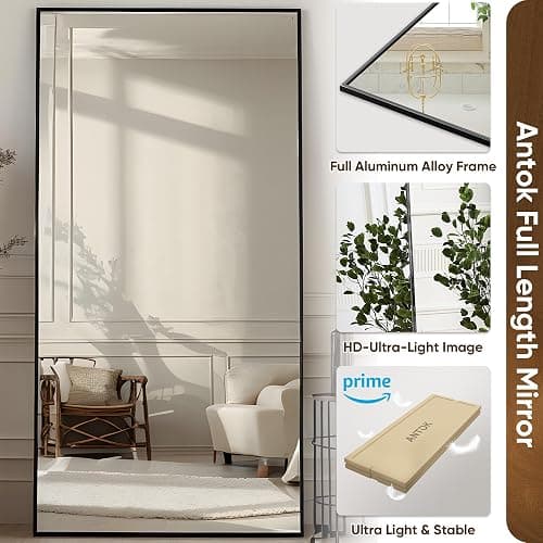 Antok Full Length Mirror, 76"x34" Floor Mirror with Stand, Hanging Mounted Mirrors for Bedroom, Living Room, Cloakroom, Dining Room, Black, Rect thumbnail 5