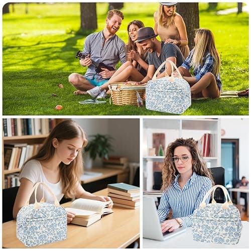 Cotton Quilted Insulated Lunch Bag, Cute Quilted Floral Lunch Tote Bags Reusable Insulated Lunch Box Coquette Aesthetic Large Capacity Insulated Cooler for Women Work Travel Picnic (Big Blue Flowers) - Big Blue Flowers thumbnail 7