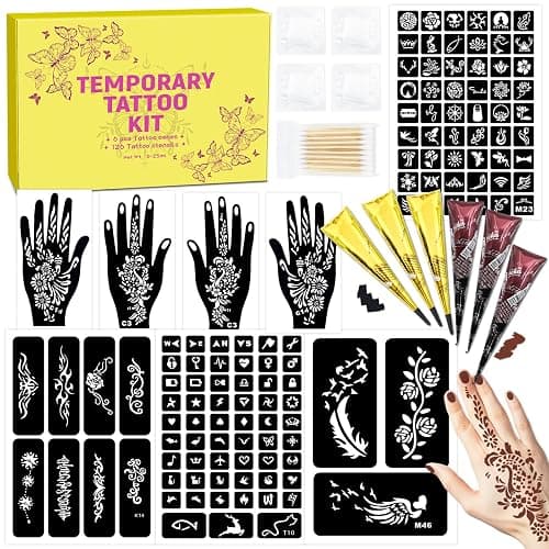 MuseLuxe 126 PCS Temporary Tattoos Stencils Kit,Temporary Tattoos Kit - 6 Pcs 2 Color(Brown Black) Ink with Gloves,DIY Body Art Painting for Women Men Adults Kids - Image 1