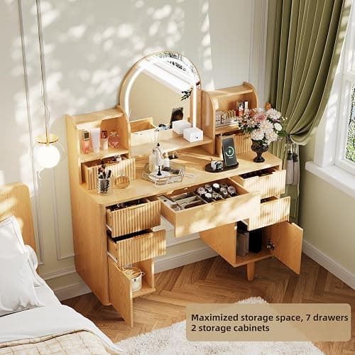Oxirth Wood Vanity Desk with Mirror and Lights, Fluted Makeup Vanity Table with 7 Drawers and Storage, Oak Vanity, Boho Vanity, Make Up Dressing Table for Bedroom thumbnail 4