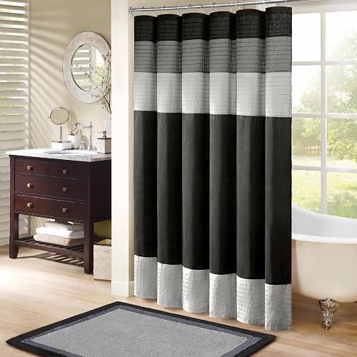Madison Park Amherst Bathroom Shower Curtain Faux Silk Pieced Striped Modern Microfiber Bath Curtains, 72x72 Inches, Black - Image 1