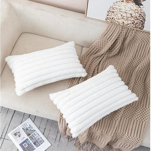 ZLINA Set of 2 Cream White Faux Fur Decorative Throw Pillow Covers Fluffy Striped Pillowcase Cushion Covers 12 x 20 Inch Decor Sofa Couch Bedroom - Cream White - 12 x 20-Inch thumbnail 6