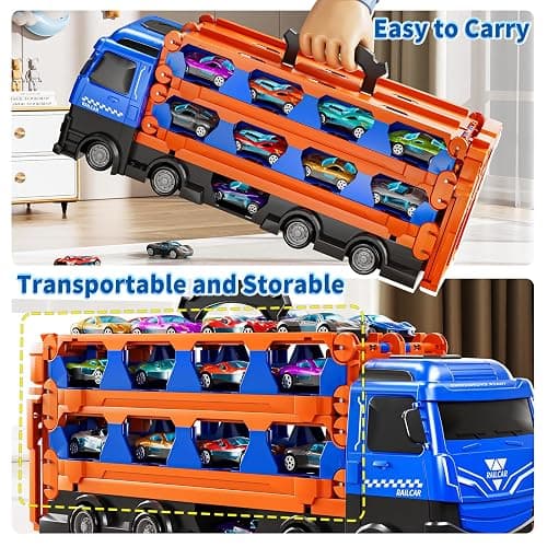 GYYCKTD Cars Truck Set Transport Toy for Kids, Race Track Set with 12 Die-Cast Cars, Trucks Playset, 2-Tier Launching Tracks, Carrier Toy for Boys Girls Birthday Gifts for Boys Ages 1-3 2-4 3-5 4-7 thumbnail 7