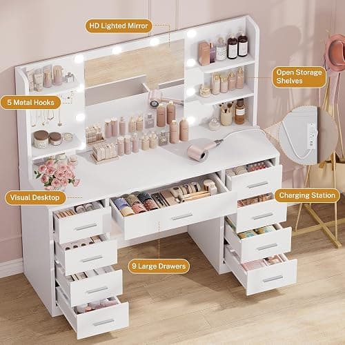 FIONESO Vanity Desk with Mirror and Lights, Makeup Vanity with 9 Drawers, 4 Shelves & 5 Jewel Hooks, White Vanity with Outlet & 3-Color Dimmable LED, Dressing Table for Women, Bedroom, White thumbnail 4