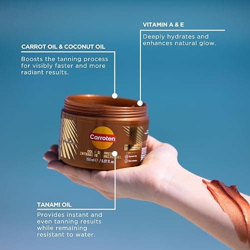 Carroten Gold Shimmer Tanning Gel | Browning Tan Accelerator | Non-Greasy, Water-Resistant with Carrot & Coconut Oil | Vitamin A & E For Moisture & Hydration | Made in Greece | 5 Fl Oz thumbnail 3