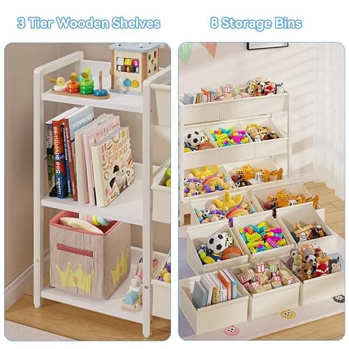 CYXPHION B7 Toy Storage Organizer with 3-Tier Wooden Shelves and 8 Bins, Toy Chest Storage, Toy Shelf Organizer, Kids Bookshelf and Toy Storage for Kids Room, Bedroom, Playroom, Nursery, White thumbnail 7