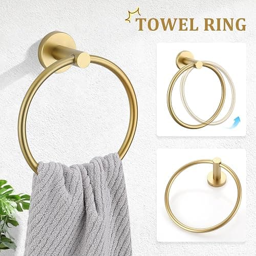 TURS Brushed Gold 5 Piece Bathroom Hardware Set, SUS304 Stainless Steel 24 Inch Bath Towel Bar Set, Round Bathroom Accessories Kit Wall Mounted thumbnail 4