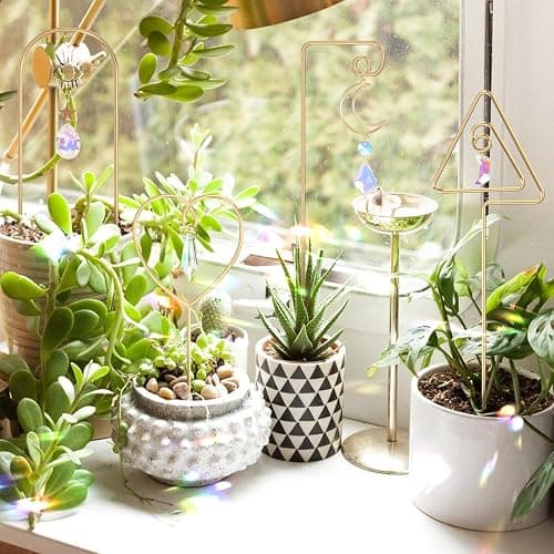 WellSign Small Trellis for Potted Plants Indoor with Colorful Crystal Sun Catcher, 14.17 Inch Metal Plant Lattice for Mini Potted Plant Decoration for Home Window Garden 4 Pack thumbnail 2
