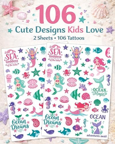 Mermaid Temporary Tattoos for Kids – 106 Cute Ocean & Mermaid Designs, Waterproof, Non-Toxic & Skin-Friendly, Easy to Apply, Perfect for Under the Sea Birthday Party Favors & Goodie Bags thumbnail 2