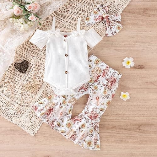 Fernvia Infant Baby Girl Clothes Suspenders Short Sleeve Ribbed Romper Flared Pants Set Headband 3pcs Summer Outfit thumbnail 2