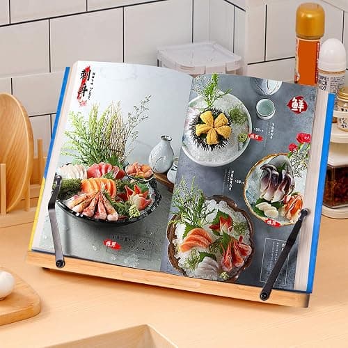 wishacc Bamboo Book Stand for Reading, 13.2" x 9.2" Premium Wooden Cookbook Holder and Recipe Stand for Kitchen Counter, Foldable Adjustable Desk Easel with 5 Angles for Textbooks, Sheet Music, Tablet thumbnail 7