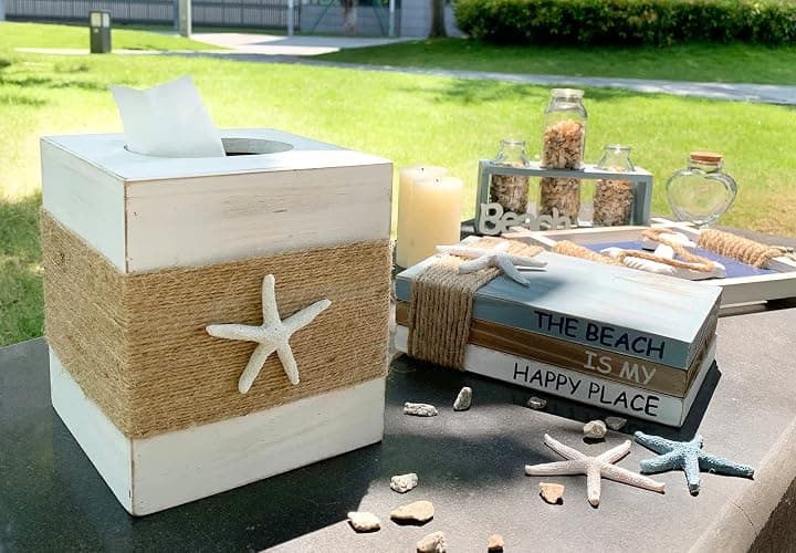 SOMTO Beach Rustic White Wood Square Tissue Box Cover,Farmhouse Bathroom Accessories Starfish Decor Tissue Holder with Slide-Out Bottom Panel… - White thumbnail 4
