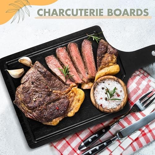 Geetery 3 Packs 12 Inch Black Wood Chopping Boards with Handle and Deep Juice Groove Small Bamboo Wooden Pizza Paddle Serving Boards Tray Charcuterie Plank Chopping for Cheese Steak Bread thumbnail 5