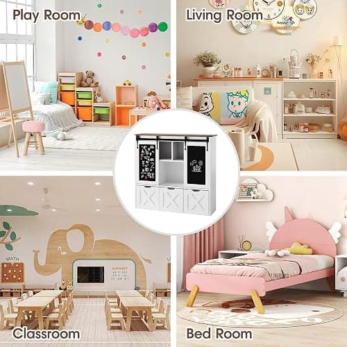 Vabches Toy Storage Organizer with Sliding Chalkboard, Kids Bookshelf and Bookcase with 3 Movable Drawers & 5 Storage Cubbies, Multifunctional Storage Cabinet Toy Chest for Playroom,Nursery, Kids Room thumbnail 7