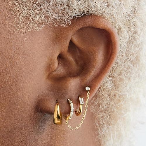 Gold Earrings Set for Women, 14k Gold Plated Dangle Huggie Earrings Sets for Multiple Piercing, Hypoallergenic Stackable Small Gold Chain Hoop Earrings for Women Jewelry thumbnail 2