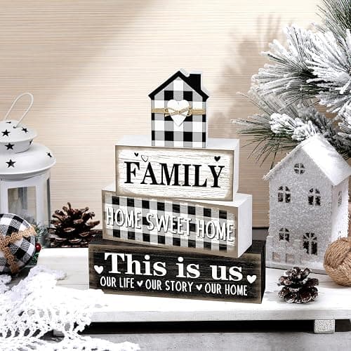 Cinnvoice 4 Pcs Farmhouse Table Decorations Rustic Home Sweet Tiered Tray Decor This Is Us Centerpiece Farmhouse Family Blesseheart House Block Sign Gift for Kitchen Shelf Office Indoor(Buffalo Plaid) thumbnail 5