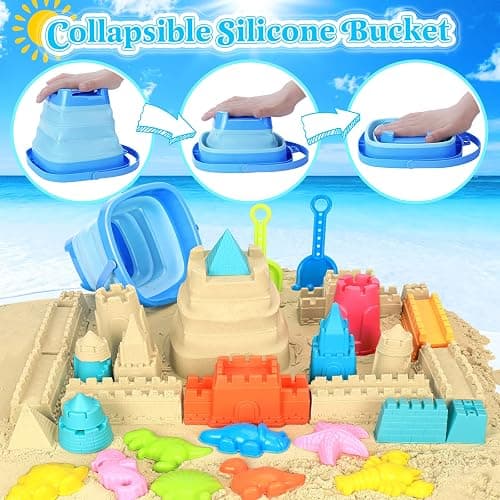 Collapsible Beach Toys for Kids Toddlers, Collapsible Sand Bucket and Shovels Set with Mesh Bag,Travel Sand Castle Building Kit, Sandbox Toys, Foldable Beach Essentials for Toddlers Kids Age 3-10 ﻿ thumbnail 2