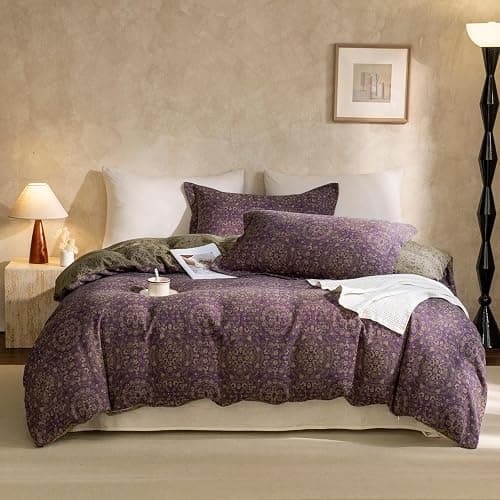 mixinni Purple Green Floral Duvet Cover King Size, Elegant Double-Layer Yarn Premium Cotton Vintage Duvet Cover Set, Exquisite Jacquard Design Bedding Set with 2 Pillowcases Perfect for Him and Her - Image 1