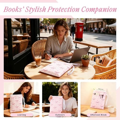 Book Sleeve with Zipper, 11''x 9'' Waterproof Paperback Sleeve for Book Lovers Books Pouch Cover with Handle for Hardcovers Kindle Sleeve for Reader Teacher Women (Light pink bow tie, 11x 9 inch) thumbnail 7