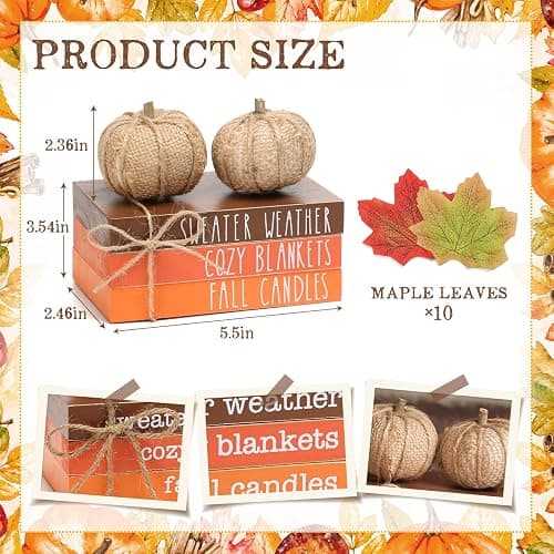 Fall Tiered Tray Decor, Wood Book Stack with Maple Leaves & Pumpkins | Farmhouse Mini Decorative Books Bundle, Fall Decor for Table, Thandkgiving Wood Table decor thumbnail 3