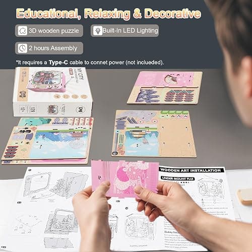 Under Mount Fuji 3D Wooden Puzzle with LED Lights, DIY Craft Model Kit for Adults & Kids, Creative Building Set and Unique Home Decor Gift thumbnail 4
