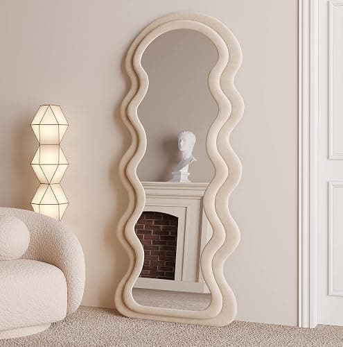 BOJOY 63"x24" Irregular Wavy Mirror, Wall Mount, Modern Bedroom Mirror, Milk Tea Color thumbnail 5