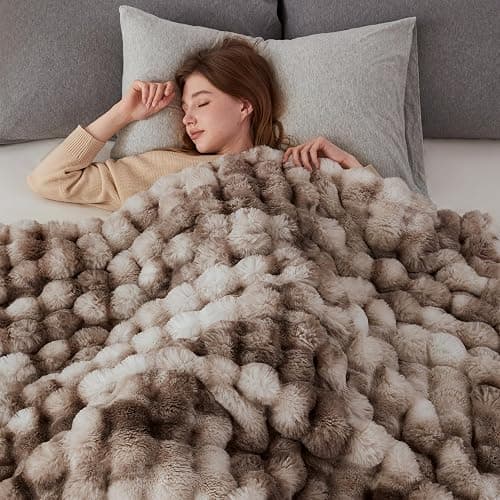 COOVA Faux Fur Throw Blanket for Couch, Cozy Soft and Fuzzy Plush Rabbit Fur Bubble Blanket for Sofa Bedroom Living Room, 50x60 Inches Tie Dye Brown thumbnail 3
