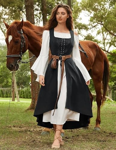 Scarlet Darkness Renaissnace Faire Costume Dress for Women Pirate Overdress | Pockets, Front lace-up, Underbust cut, for Peasant Gothic Witch Medieval Party thumbnail 9
