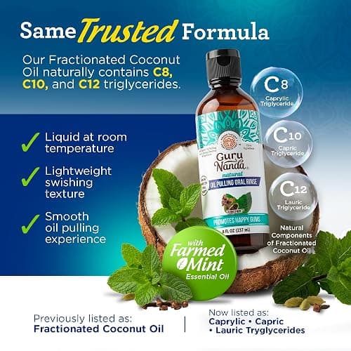GuruNanda CocoMint Oil Pulling Mouthwash for Complete Oral Hygiene, 7 Essential Oils & Vitamins for Happy Teeth & Gums & Fresh Breath, with Toothbrush & Tongue Scraper, Alcohol-Free, 8 oz thumbnail 4