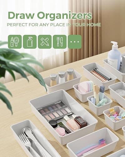 BiuLeon 25 PCS Plastic Drawer Organizers Set, 4-Sizes Vanity and Makeup Organizer, Desk and bathroom Drawer Organizer Trays, Organizers and Storage for Makeup, Jewelry, Gadgets, Utensils (White) thumbnail 4