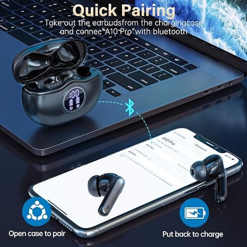Fhumsh Wireless Earbuds, Bluetooth 5.3 Headphones HiFi Stereo 50H Playback LED Digital Display Ear Buds with ENC Noise Canceling Headset, IPX7 Waterproof Earphones for Gym/Running/Work (Black) thumbnail 2
