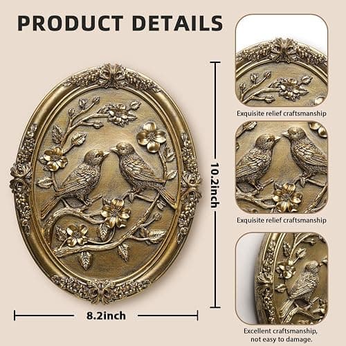 Vintage Bird Wall Sculpture,Antique Wall Decor,Retro Art Birds Sculpture,Hand Painted Wall Decoration with Embossed Couple Birds Design,Vintage Wall Decor for Living Room Bedroom Dining Room Hallway, Housewarming Gifts thumbnail 3
