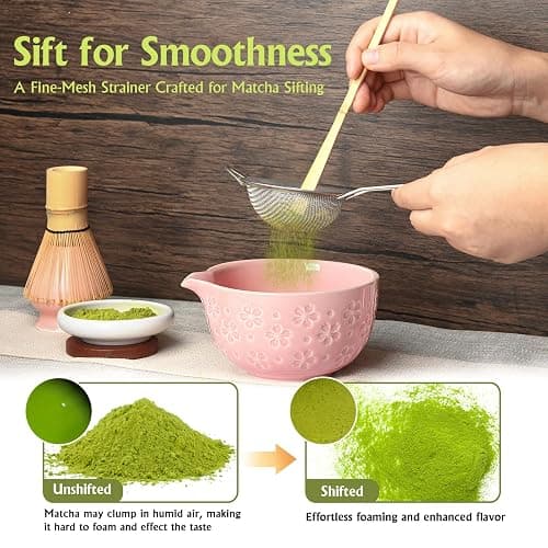 Matcha Whisk Tea Set Kit: Japanese Matcha Kit - Ceramic Bowl Bamboo Whisk Chasen Holder spoon Measuring Scoop Sifter - Traditional Practical for Tea Ceremony Breakfast Lattes - Home Kitchen Christmas thumbnail 4