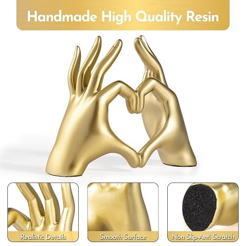 Gold Decor Living Room - Small Shelf Decor Aesthetic - Heart Hands Sculpture - Teen Girls Bedroom Knick Knacks - Cute Home Shelves Accent - Table Statue Love Decorations Gifts (Gold Fingers) thumbnail 4