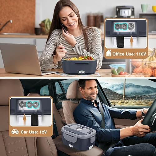 Vabaso Electric Heated Lunch Box with Dual 1.5L SS Containers for Car/Home | 80W Fast Heating, 2-in-1 Car & Home for Adults Men, Food-Grade SS, Leak-proof Seal, Includes Fork & Spoon, 12V/24V/110V/220V thumbnail 4
