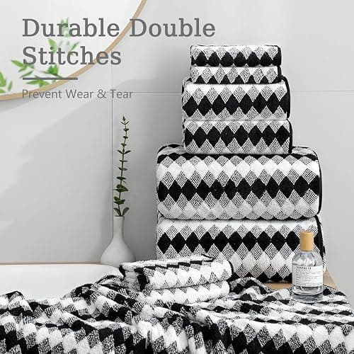 8 Piece Bathroom Towel Set Black White|2 Oversized Large Bath Towels Sheet,2 Hand Towels,4 Washcloths| 600GSM Soft Towel Set for Bathroom Hotel,Highly Absorbent Quick Dry Bath Towel Collections thumbnail 2