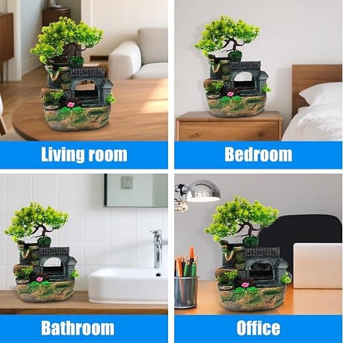 Tabletop Waterfall Fountain – 11 in Rockery Humidifier with Color-Changing LED Light, Adjustable Pump & Faux Bonsai Tree, Resin Indoor Desk Fountain Décor for Bedroom, Office, Aquarium, Meditation thumbnail 6